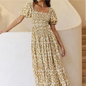 Mustard FLORAL Smocked Midi Dress